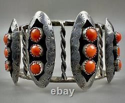 Large Vintage Zuni Sterling Silver Coral Snake Eye Shadowbox Cuff Bracelet OLD