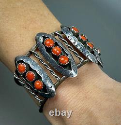 Large Vintage Zuni Sterling Silver Coral Snake Eye Shadowbox Cuff Bracelet OLD