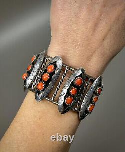 Large Vintage Zuni Sterling Silver Coral Snake Eye Shadowbox Cuff Bracelet OLD