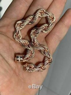 Men's 10mm Rope Bracelet Rose Gold & Real Solid 925 Sterling Silver 20ct Diamond