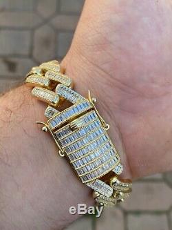 Men's 18mm Baguette Prong Cuban Bracelet Gold Plated Solid 925 Sterling Silver