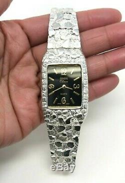 Men's 925 Sterling Silver Nugget Link Graduated Bracelet Geneve Wrist Watch 8