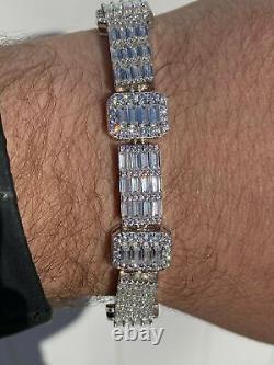Men's Real Solid 925 Sterling Silver Baguette Bracelet Iced CZ Flooded Out
