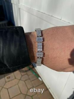 Men's Real Solid 925 Sterling Silver Baguette Bracelet Iced CZ Flooded Out