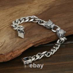 Men's Solid 925 Sterling Silver Bracelet Link Leopard Head Chain Jewelry