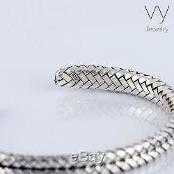 Men's Women Braided Bangle Cuff Bracelet Solid Sterling Silver 925 Free Size 32g