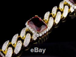 Men's Yellow Gold Finish Ruby Simulated Diamound Gem Stone Cuban Bracelet