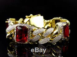 Men's Yellow Gold Finish Ruby Simulated Diamound Gem Stone Cuban Bracelet