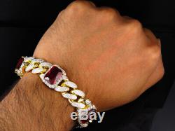 Men's Yellow Gold Finish Ruby Simulated Diamound Gem Stone Cuban Bracelet