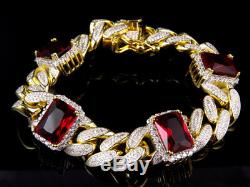 Men's Yellow Gold Finish Ruby Simulated Diamound Gem Stone Cuban Bracelet