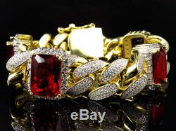 Men's Yellow Gold Finish Ruby Simulated Diamound Gem Stone Cuban Bracelet
