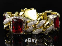 Men's Yellow Gold Finish Ruby Simulated Diamound Gem Stone Cuban Bracelet
