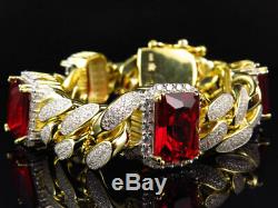 Men's Yellow Gold Finish Ruby Simulated Diamound Gem Stone Cuban Bracelet