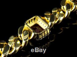 Men's Yellow Gold Finish Ruby Simulated Diamound Gem Stone Cuban Bracelet