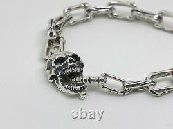 Mens 925 Sterling Silver Skull & Bones Gothic Biker T-BAR Bracelet Hallmarked