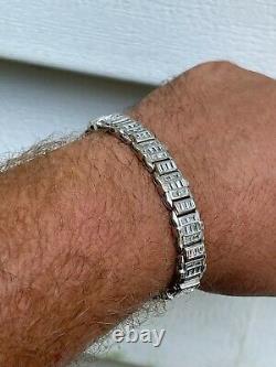 Mens Custom Link Real 925 Sterling Silver Bracelet Iced Baguette Out Diamond