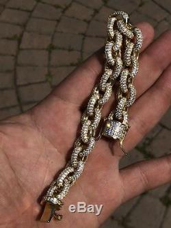 Mens Iced Out Hip Hop Rolo Bracelet 14k Gold Over Solid 925 Silver Diamond 12mm