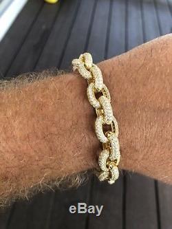Mens Iced Out Hip Hop Rolo Bracelet 14k Gold Over Solid 925 Silver Diamond 12mm