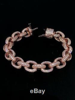 Mens Iced Out Hip Hop Rolo Bracelet Rose Gold & Solid 925 Silver Diamonds 12mm