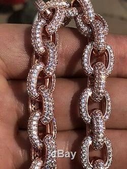 Mens Iced Out Hip Hop Rolo Bracelet Rose Gold & Solid 925 Silver Diamonds 12mm