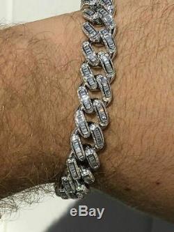 Mens Miami Cuban Link Bracelet Real Solid 925 Silver Baguette Diamonds Heavy