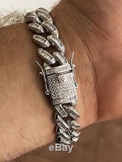 Mens Miami Cuban Link Bracelet Real Solid 925 Silver Baguette Diamonds Heavy