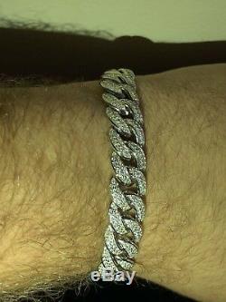 Mens Miami Cuban Link Bracelet Real Solid 925 Silver Lab Diamonds 12mm ICED OUT
