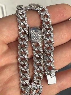 Mens Miami Cuban Link Bracelet Real Solid 925 Sterling Silver Lab Diamonds 9mm