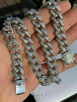 Mens Miami Cuban Link Choker Chain Real Solid 925 Silver Baguette Diamonds 18