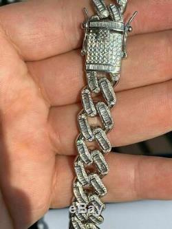 Mens Miami Cuban Link Choker Chain Real Solid 925 Silver Baguette Diamonds 18