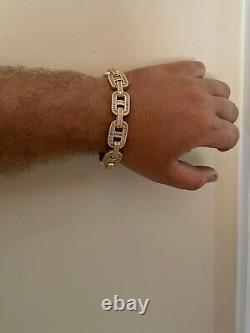 Mens Real 14k Gold Over Solid 925 Silver Baguette Gucci Link Bracelet Iced 15mm