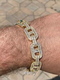 Mens Real 14k Gold Over Solid 925 Silver Baguette Gucci Link Bracelet Iced 15mm