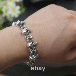 Mens Real 925 Sterling Silver Bracelet Link Chain Skull Loop Jewelry 9.1