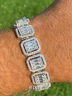 Mens Real Solid 925 Silver Baguette Iced Bracelet 15mm Thick Bust Down Diamonds