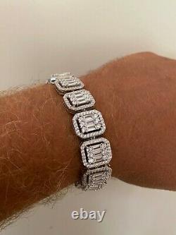 Mens Real Solid 925 Silver Baguette Iced Bracelet 15mm Thick Bust Down Diamonds