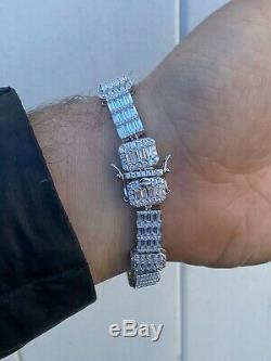Mens Real Solid 925 Sterling Silver Baguette Bracelet Iced Diamond Flooded Out