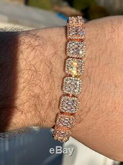 Mens Rose Gold Over Real Solid 925 Silver Baguette Tennis Bracelet Iced Out