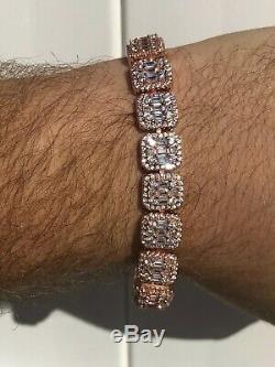 Mens Rose Gold Over Real Solid 925 Silver Baguette Tennis Bracelet Iced Out