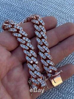 Mens Solid 925 Silver 14k Rose Gold Iced Miami Cuban Link Bracelet Heavy 75g 8