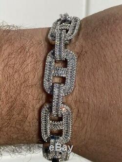 Mens Solid 925 Silver Baguette Gucci Link Bracelet Iced Thick Flooded Out 15mm