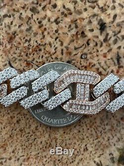 Mens Solid 925 Silver & Rose Gold Baguette Cuban Gucci Link Bracelet Hip Hop ICY