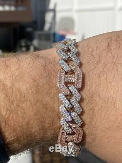 Mens Solid 925 Silver & Rose Gold Baguette Cuban Gucci Link Bracelet Hip Hop ICY