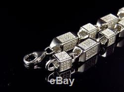 Mens White Gold Sterling Silver 3D Lab Diamond Bullet Chain Bracelet 6mm 8.5