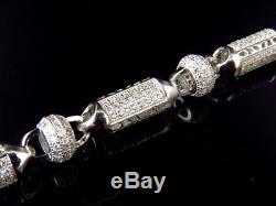 Mens White Gold Sterling Silver 3D Lab Diamond Bullet Chain Bracelet 7mm 8.5