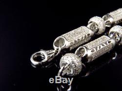 Mens White Gold Sterling Silver 3D Lab Diamond Bullet Chain Bracelet 7mm 8.5