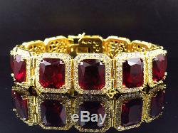 Mens Yellow Gold Finish Sterling Silver Royal Lab Simulated Red Ruby Bracelet 9