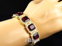 Mens Yellow Gold Finish Sterling Silver Royal Lab Simulated Red Ruby Bracelet 9