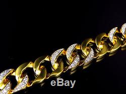 Mens Yellow Gold Sterling Silver Lab Diamond Cuban Royal Bracelet 12mm 8.5