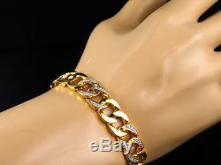 Mens Yellow Gold Sterling Silver Lab Diamond Cuban Royal Bracelet 12mm 8.5