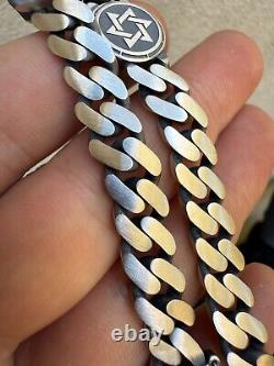 Miami Cuban Link Bracelet Jewish Star Of David 12mm 925 Silver Oxidized Finish